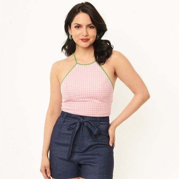 Unique Vintage Pink Gingham Main Squeeze Crop Top size M - Picture 1 of 7